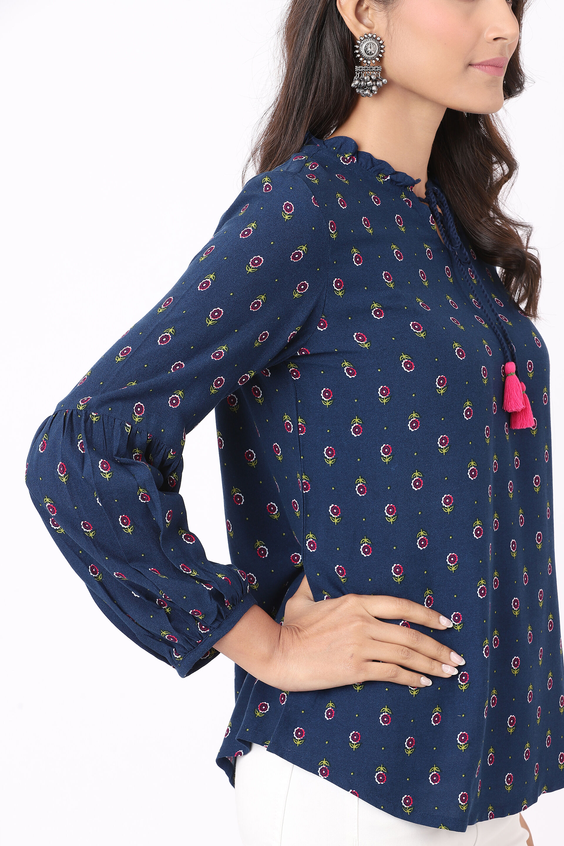 Blue Ethnic Motifs Curved Slip-On Top, Blue, image 6
